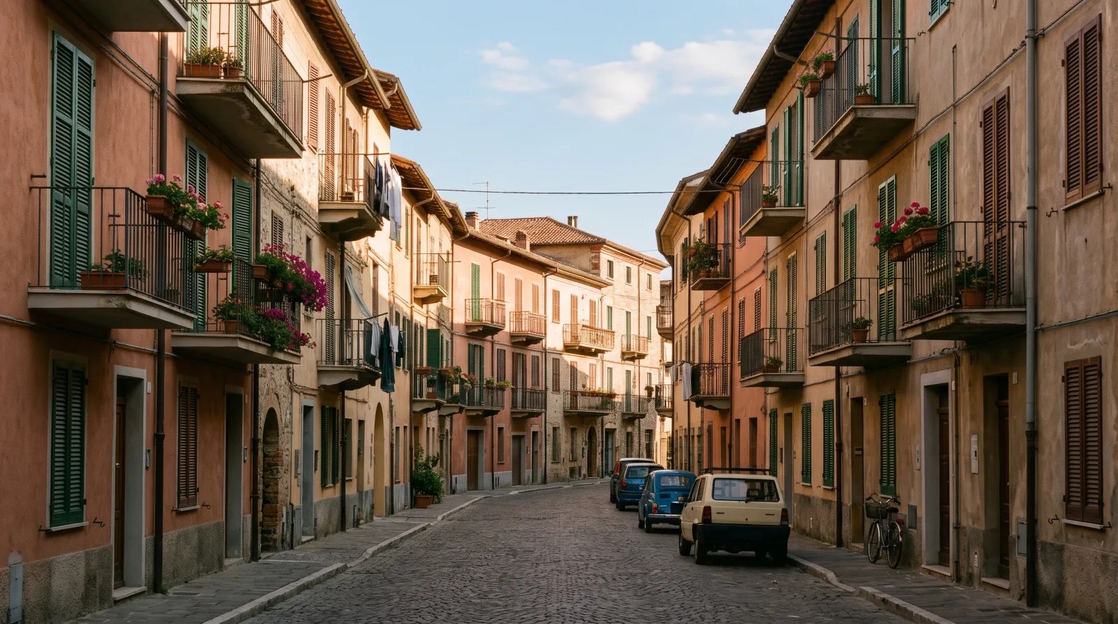 Veduta di una strada residenziale italiana nel tardo pomeriggio.