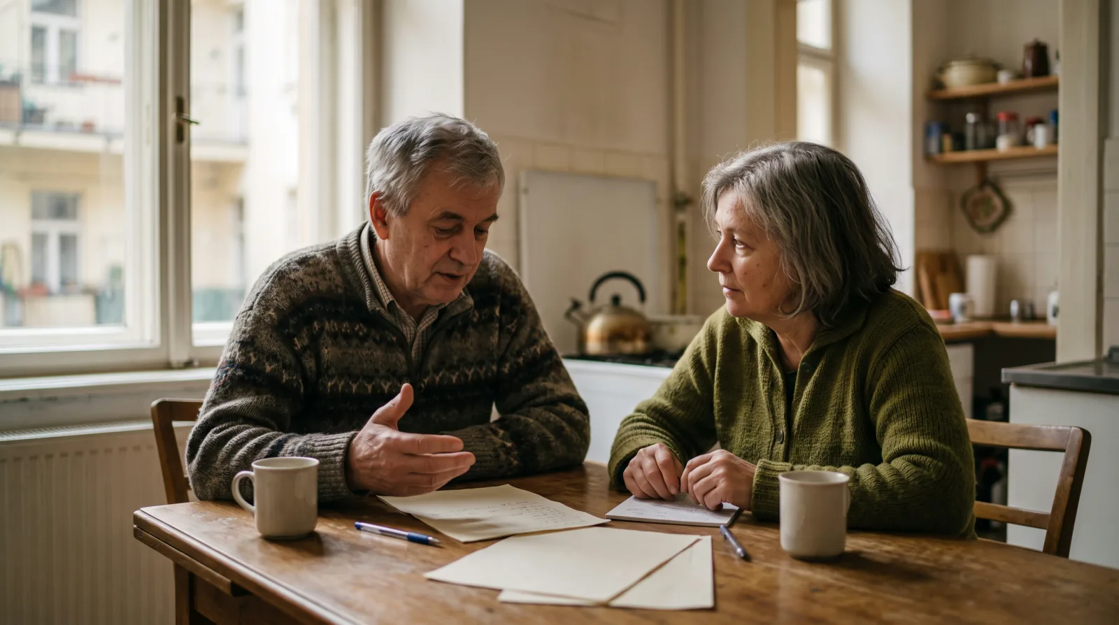 Een koppel bespreekt het huishoudbudget aan de eettafel.