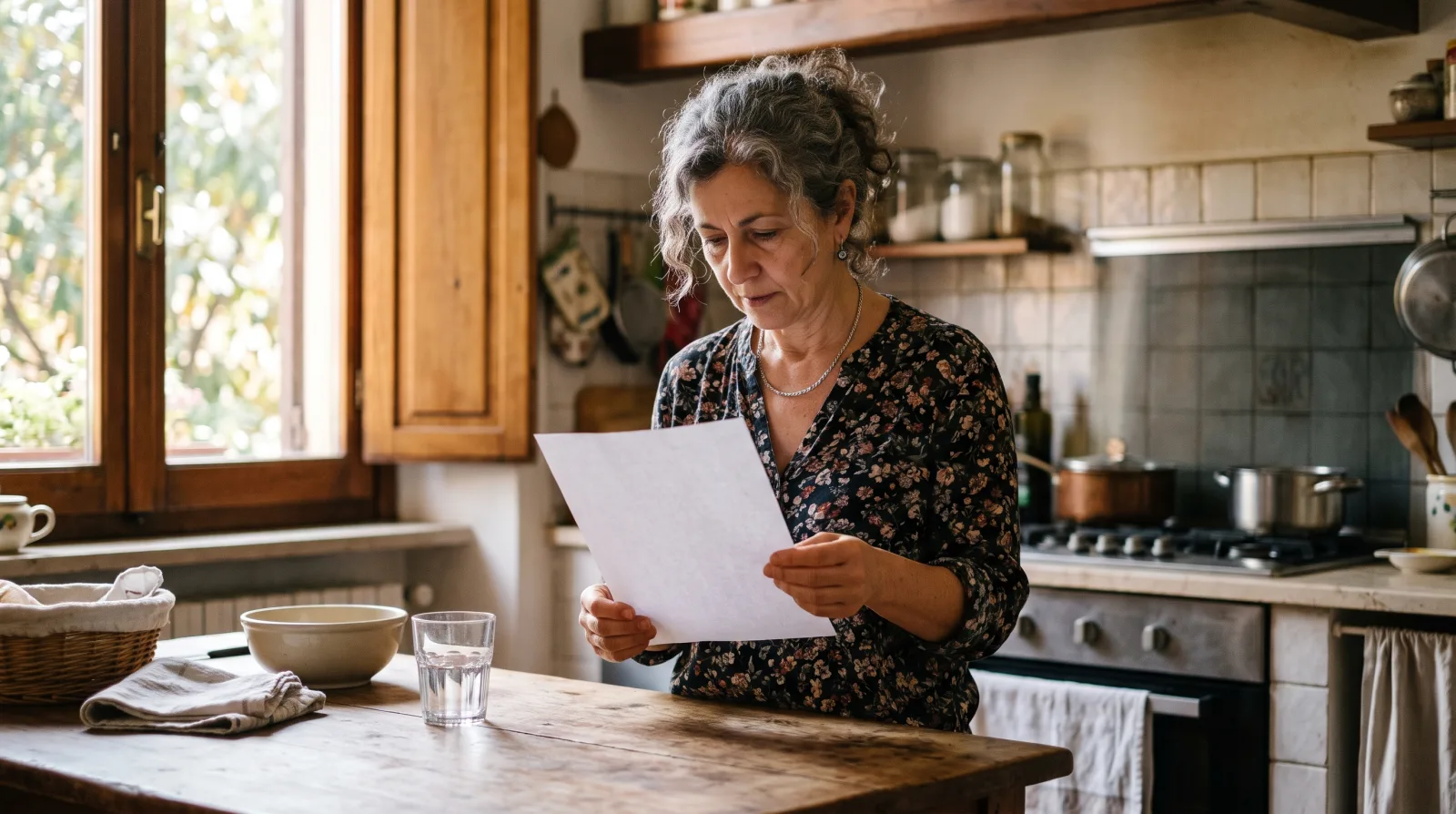 Una donna consulta un documento stampato appoggiata al tavolo della cucina.