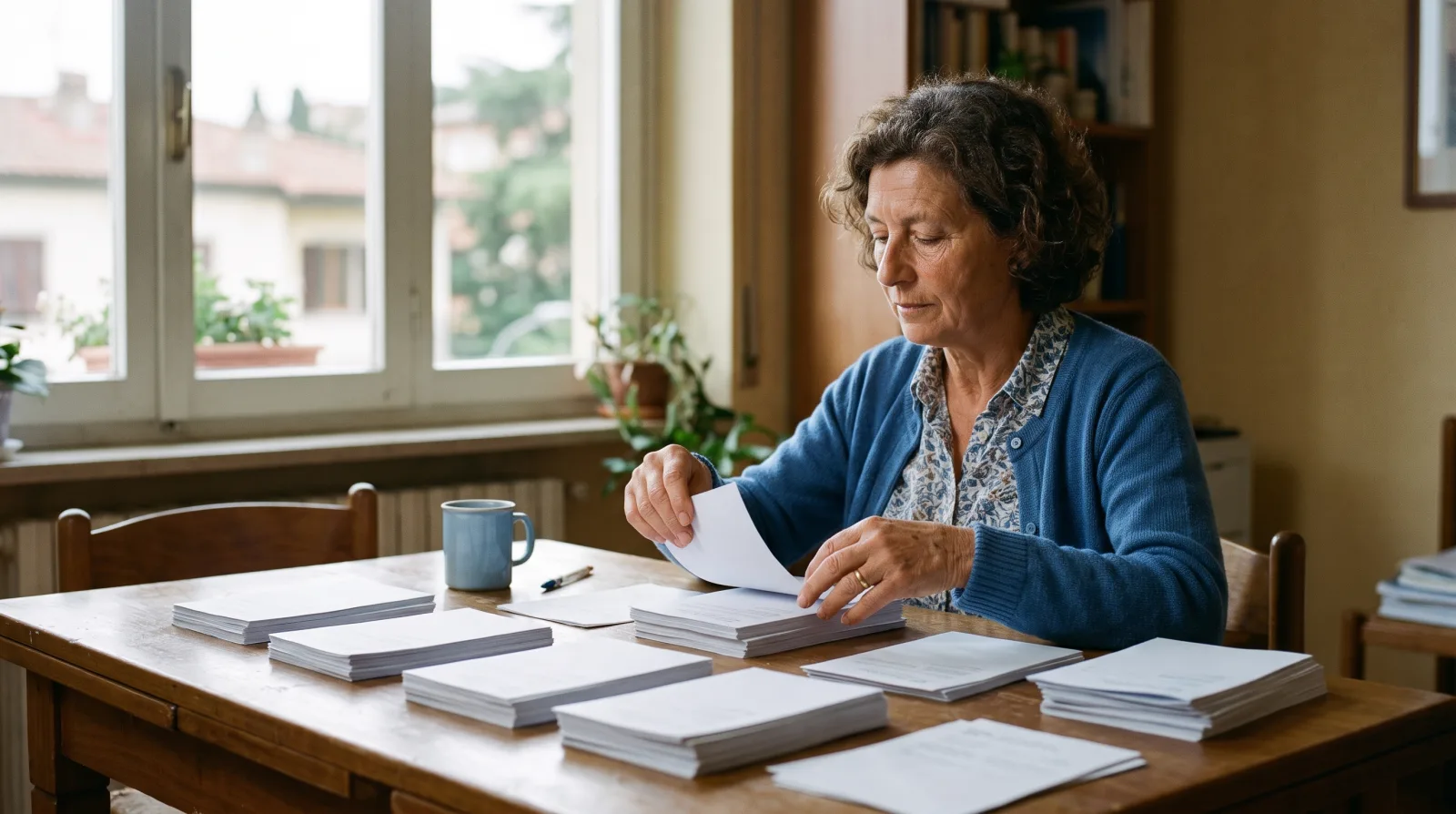 Una donna ordina dei moduli cartacei in piccole pile sul tavolo.