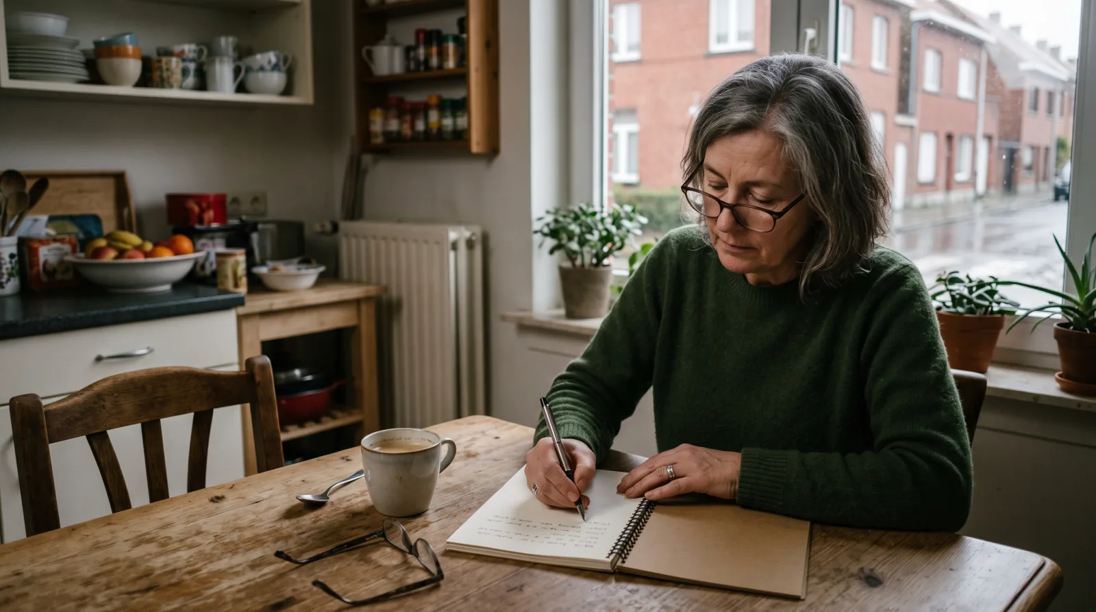 Een vrouw schrijft aantekeningen in een notitieboek aan een keukentafel.