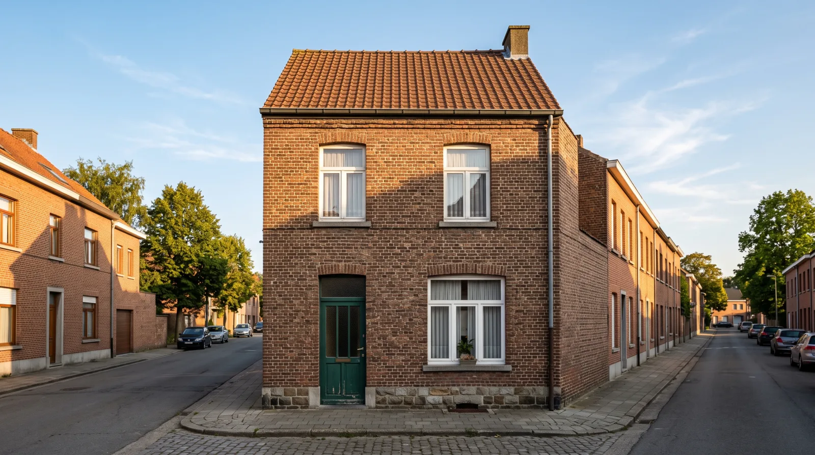 Gevel van een rijwoning in een Belgische straat in de namiddagzon.