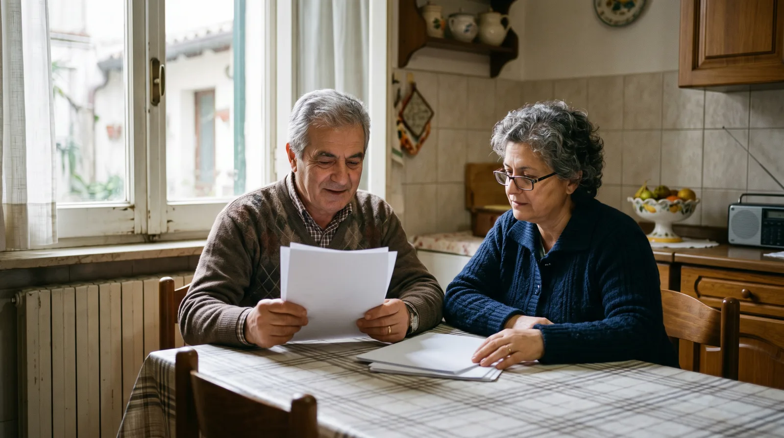 Una coppia sopra i sessant'anni esamina dei documenti seduta al tavolo di casa.