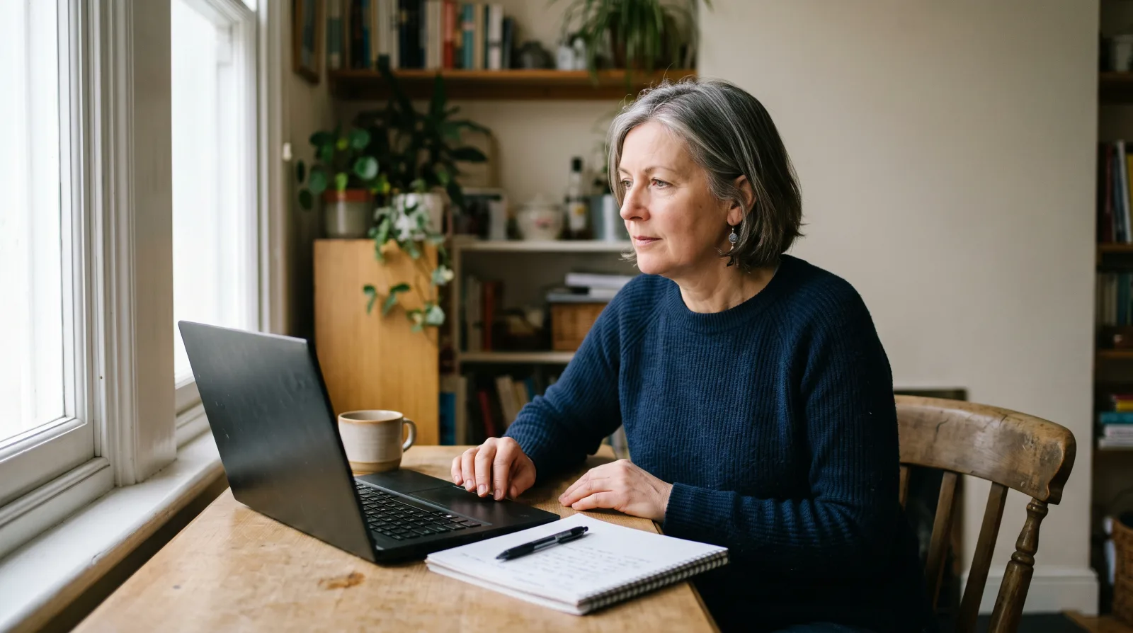 Een vrouw bekijkt een overzicht op een laptop aan een bureau bij het raam.
