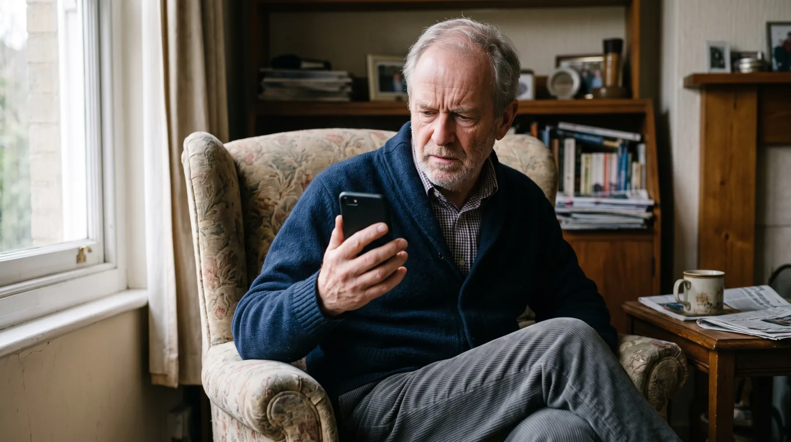 Een oudere man kijkt bedenkelijk naar een bericht op zijn telefoon.