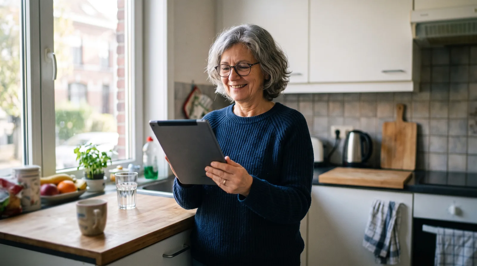 Een vrouw bekijkt een jaaroverzicht op een tablet in de keuken.
