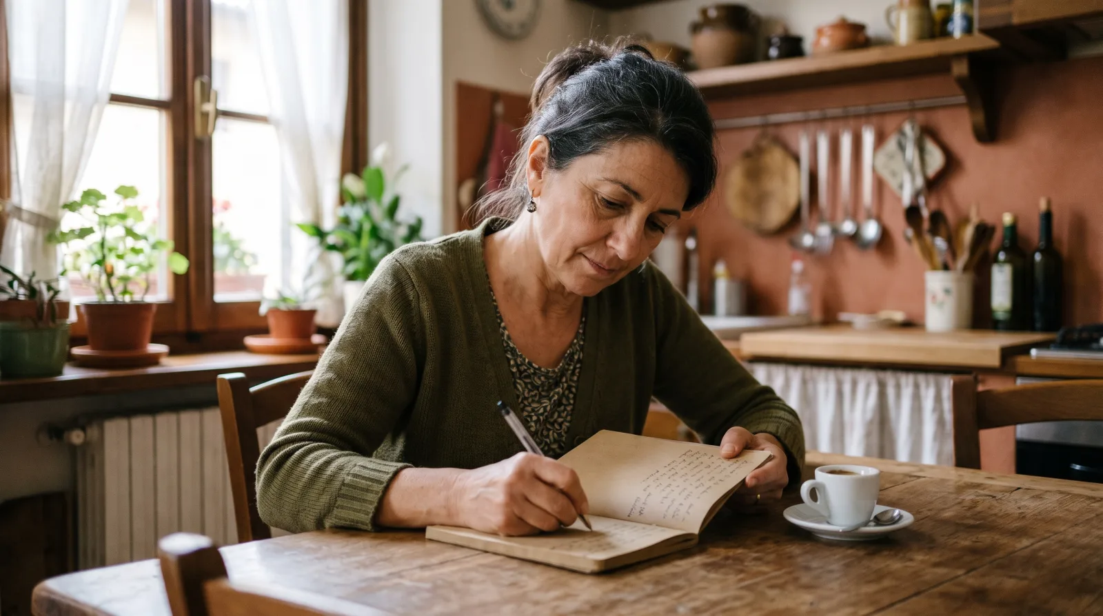 Una donna prende appunti su un quaderno accanto a una tazza di caffè.