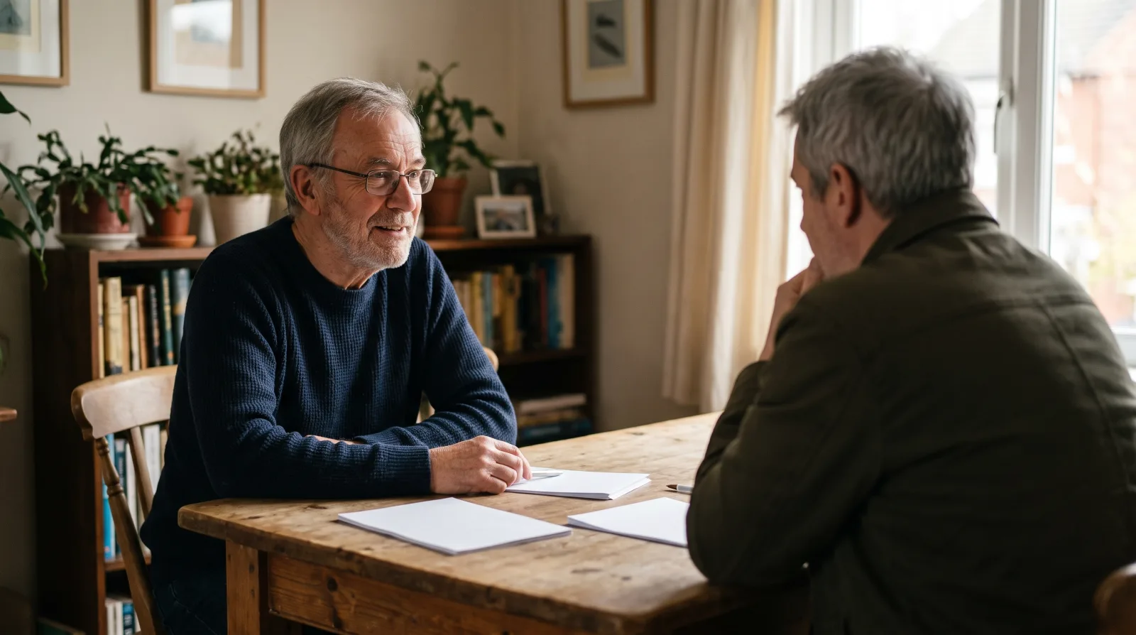 Een man van rond de zestig in gesprek aan een tafel met documenten.
